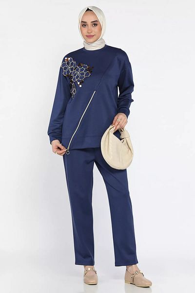 julude Σετ δύο τεμαχίων με κέντημα με απλικέ μπλέ Navy Hijab