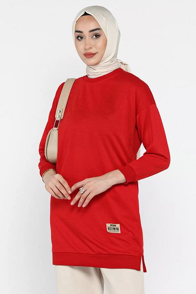 julude سترة حجاب نسائية حمراء ذات رقبة دائرية ومزينة بتفاصيل مزخرفة