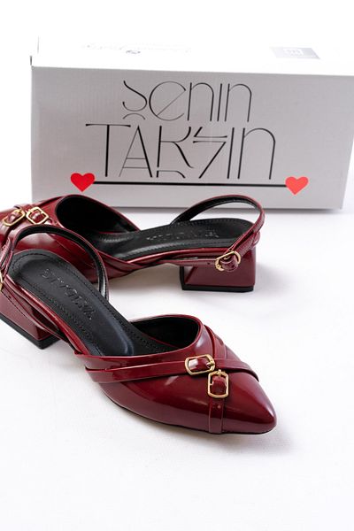 DİVOLYA Gabriel Burgundy Patent Leather Cross Buckle (4 cm Heeled) Pointed Toe Ballerina Shoes