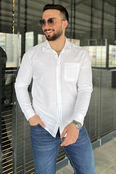 MİSHAR İTALİA Ανδρικό μακρυμάνικο πουκάμισο Cream με μονή τσέπη