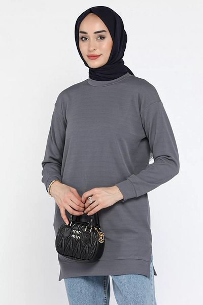 julude Dark Gray Women's Crew Neck Self-Stripe Patterned Hijab Tunic