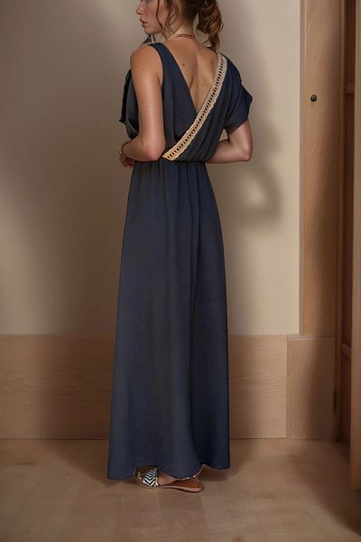 bacc Rochie lungă pentru femei, neagră, cu umăr Airobin, cu cataramă, cu detaliu din paie, cu talie cu șnur Bcbsk-25700-3127