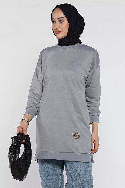 julude Gray Women's Crew Neck Embroidered Hijab Tunic