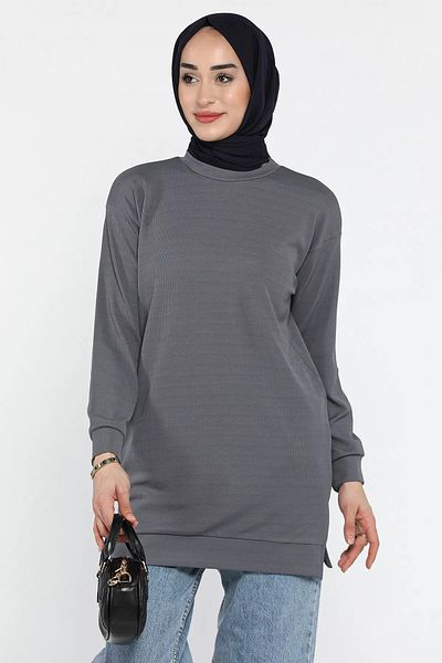 julude Dark Gray Women's Crew Neck Self-Stripe Patterned Hijab Tunic