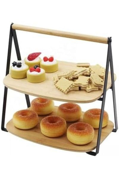STOREMAX Sellbuystore 2 Tier Rectangular Bamboo Serving Presentation Set Large Size, Dry Cake, Cookies and Cake S