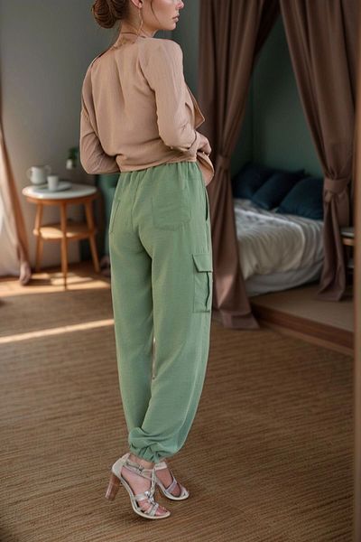 bacc Women's Khaki Linen Safari Trousers with Side Pockets and Elastic Legs Bcbsk-25700-3230