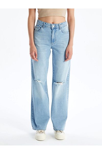 LC Waikiki Lcw Jeans Indigo Wideleg Women's Jean Pants with Ripped Detail
