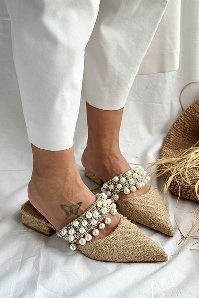 Shoebutik Papuci de damă Pearl Straw - Perle naturale Detaliate