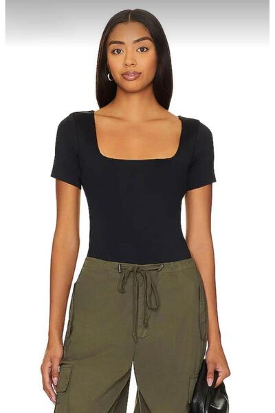 DİDVAKE Women's Black Square Neck Short Sleeve Silk Jersey Body
