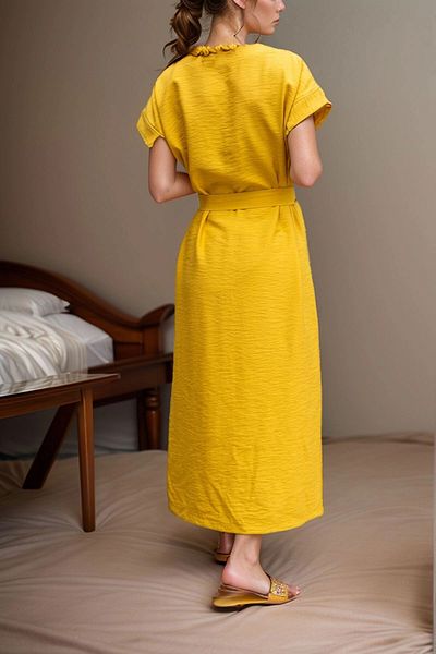 bacc Rochie lungă pentru femei, muștar, cu fantă în față, cu centură Bcbsk-25700-3221