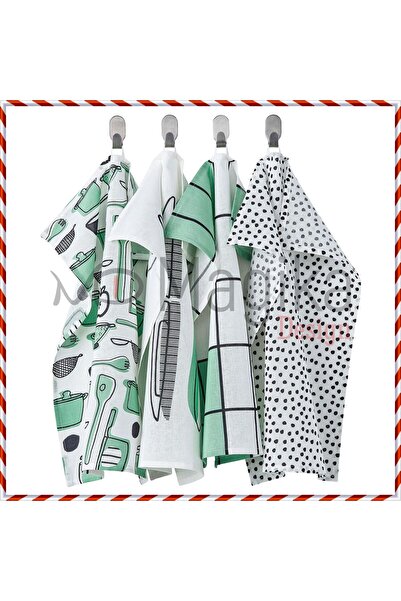 Magika Design Lavetă de uscare MD Rınnıg, prosop de bucătărie, alb-verde, 45x60 cm, 4 buc.