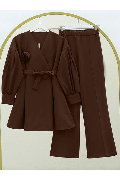 MACMODA Belted Waist Cross Collar Balloon Sleeve Suit Double Fabric
