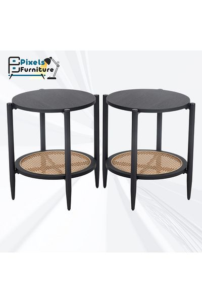 PixelsFurniture مجموعة2طاولة دائري جانبية طبقتين بكسل الأثاث للقهوة بسطح من الخشب وبرف سفلي الرتان وبأطراف من المعدن