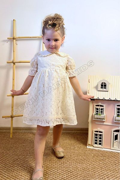 penu baby kids Κοριτσίστικο εκρού φόρεμα με λουλούδια με σχέδιο χτένι - Angelika