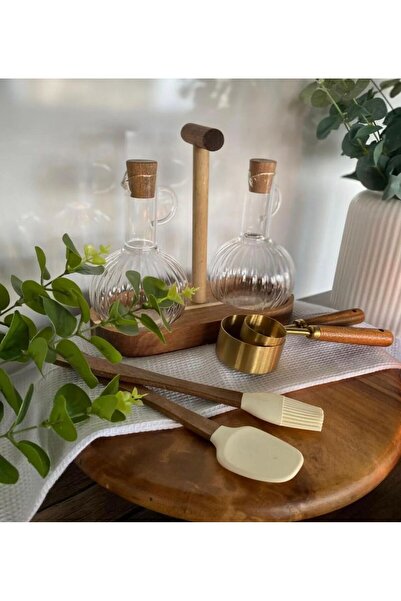 Janset Mien Set of 2 Oil Pots with Acacia Stand Borosilicate Glass 300 ml