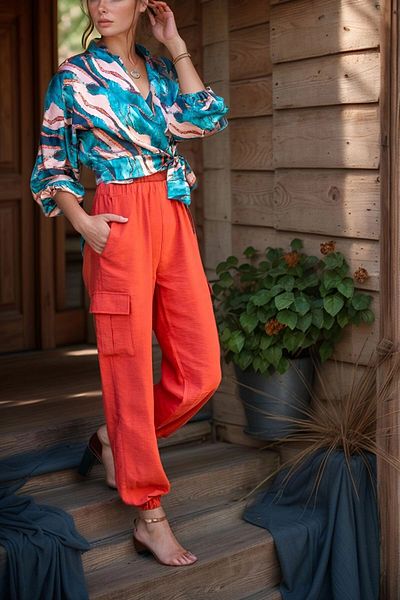 bacc Women's Coral Linen Safari Trousers with Side Pockets and Elastic Legs Bcbsk-25700-3230