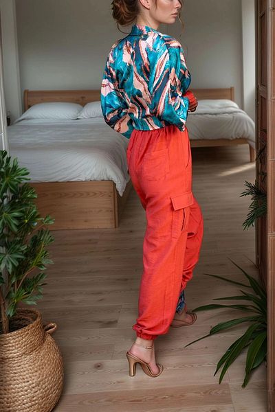 bacc Women's Coral Linen Safari Trousers with Side Pockets and Elastic Legs Bcbsk-25700-3230