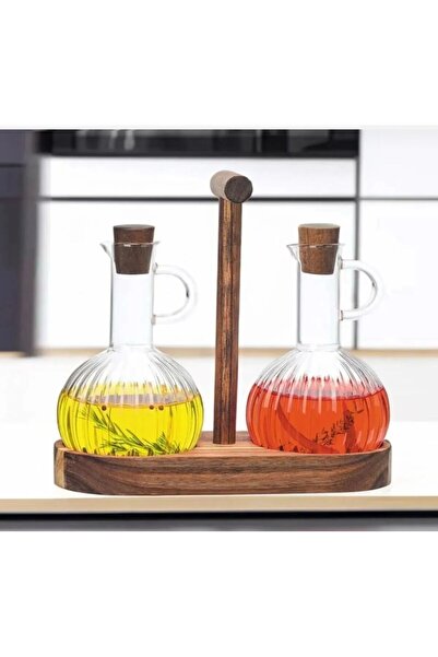 Janset Mien Set of 2 Oil Pots with Acacia Stand Borosilicate Glass 300 ml