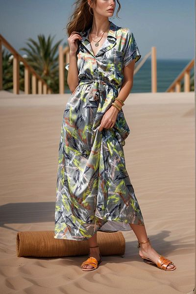 bacc Rochie lungă din satin verde pentru femei, cu talie elastică, cu jumătate de plăcuță Bcbsk-25700-3232