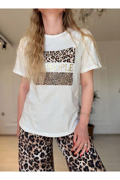 Store Gold Leopard Print Detailed T-Shirt