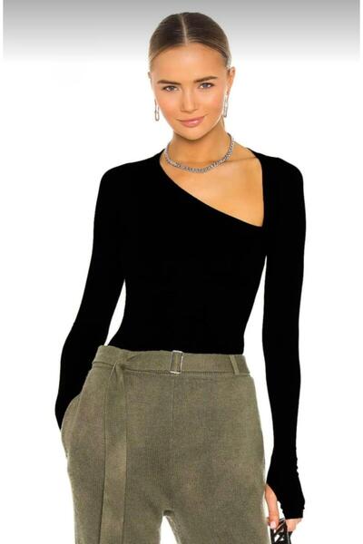 DİDVAKE Women's Black Finger Snap Front Detailed Silk Jersey Body