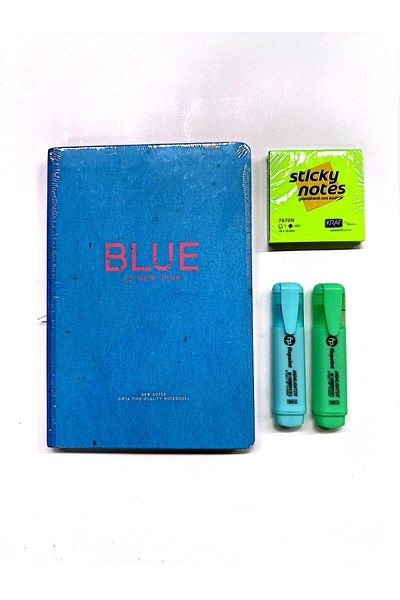 Gıpta New Notes Thread Stitched Hard Cover Blue Notebook-Highlighter (2 Pcs. )-Adhesive Note Paper-Set 3