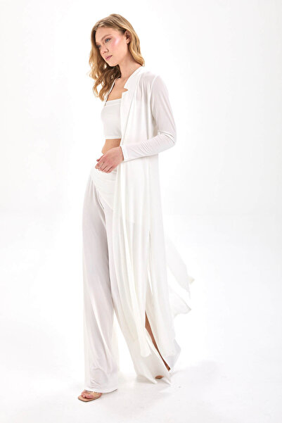 By Yaren Yazıcı Ecru Collar Design Detailed Slit Single Button Accessory Cardigan Jacket