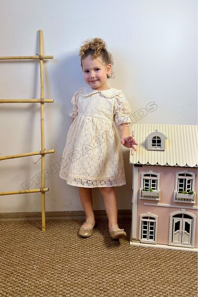 penu baby kids Κοριτσίστικο εκρού φόρεμα με λουλούδια με σχέδιο χτένι - Angelika
