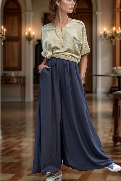 bacc Women's Black Elastic Waist Pocket Wide Leg Crepe Trousers Bcbsk-25700-3222