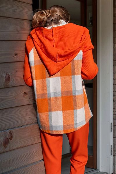 bacc Women's Orange Pocket Hooded Raglan Sleeve Plaid Jacket Cardigan Bcbsk-25700-3194