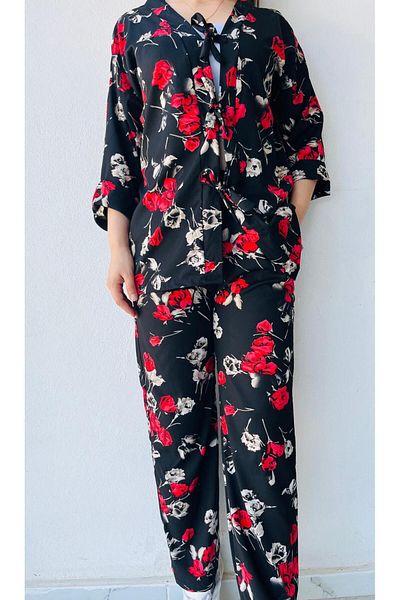 LAVİN GİYİM Women's Half Sleeve Black-Red-Cream Rose Patterned Colorful Kimono Suit