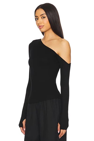 DİDVAKE Women's Black Finger Interlaced Asymmetric Collar Silk Jersey Blouse