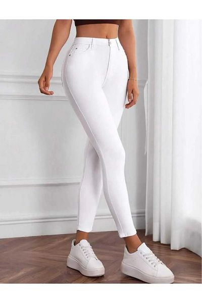 TugsatTasarTekstil High Waist White Narrow Leg Super Skinny Fit Women's One Size Slimming Pants