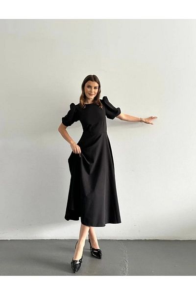 Monapera Crew Neck Balloon Short Sleeve Midi Length Flared Dress