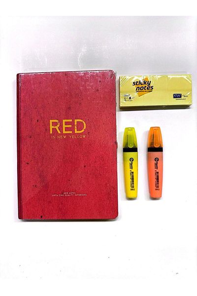 Gıpta New Notes Thread Stitched Hard Cover Red Notebook-Highlighter (2 Pcs. )-Adhesive Note Paper-Set 4