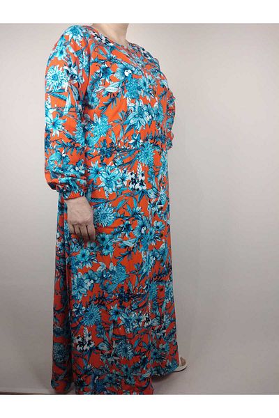 YAŞAR TRİKO Women's Blue Crew Neck Long Sleeve Sleeve Ankle Elastic Summer Viscose Long Dress 2 cm Water Pulls