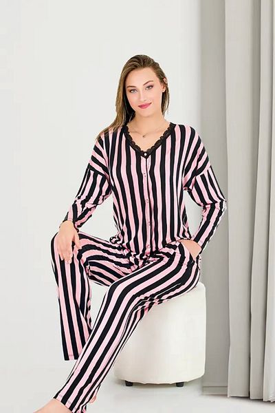 azra moda Set de pijamale cu mânecă lungă, cu nasturi, cu dungi roz