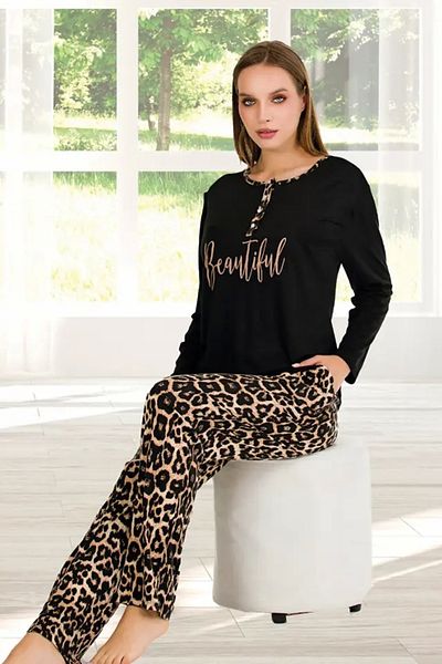 azra moda Set pijama leopard cu mânecă lungă cu rever