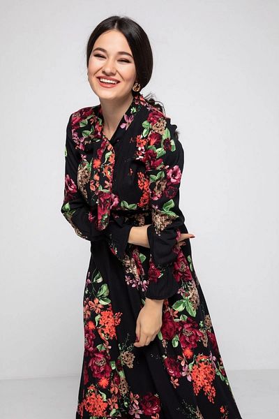 azra moda Rochie cu model de flori mari cu dantelă cu guler negru