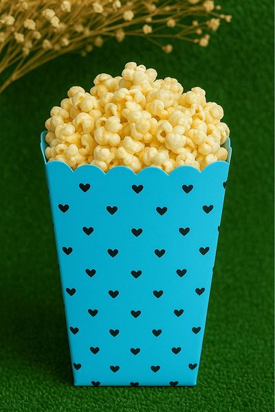 Emtory Home 8'li Mavi Kalpli Mısır Kutusu - Popcorn Kutusu - Doğum Günü Ikram Hediye - Orta Boy
