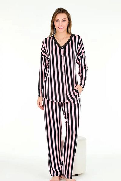azra moda Set de pijamale cu mânecă lungă, cu nasturi, cu dungi roz