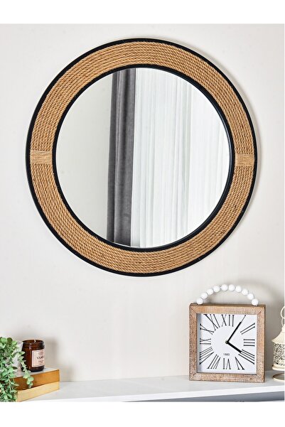 DFN WOOD Siyah Çerçeveli 87 Cm Jut Halatlı Yuvarlak Dekoratif Duvar Salon Ban...