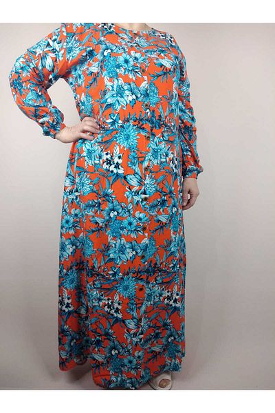 YAŞAR TRİKO Women's Blue Crew Neck Long Sleeve Sleeve Ankle Elastic Summer Viscose Long Dress 2 cm Water Pulls