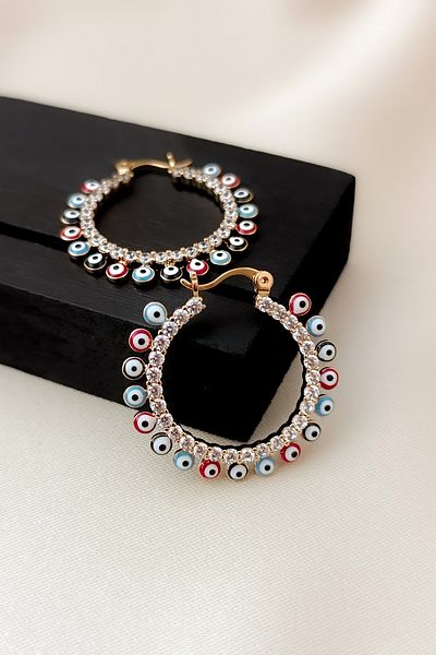 COSİTA Evil Eye Bead Row Zircon Stone Detailed Rose Hoop Clip Earrings