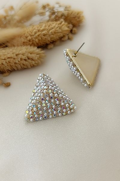 COSİTA Geometric Triangle Pearl Glitter Row Evening Dress Earrings