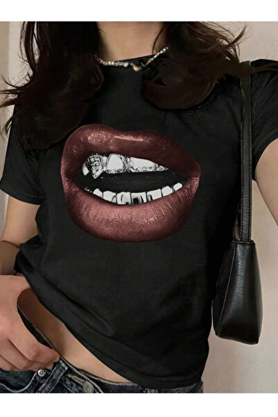 Framgan Kadın Trend y2k Dudak Baskılı Kısa Kollu Oversize Tişört