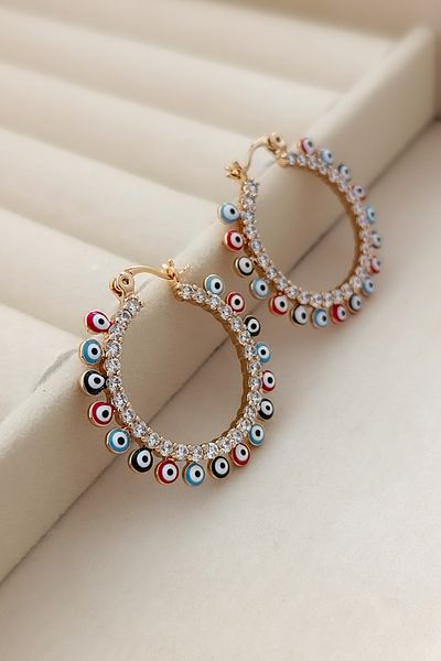 COSİTA Evil Eye Bead Row Zircon Stone Detailed Rose Hoop Clip Earrings