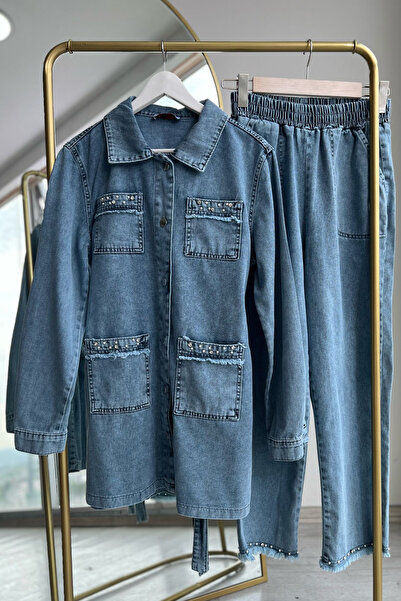 Kirazca Butik Γυναικείο Σετ Παντελόνι Τζιν Πέρλα Κεντημένο με Πέτρα