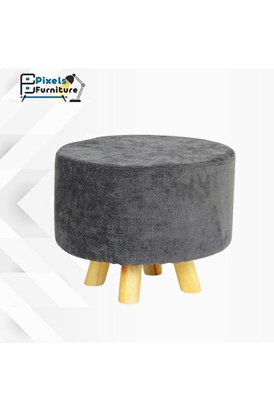 PixelsFurniture Round pouf seat with linen fabric and wooden bases from Pixel Furniture
