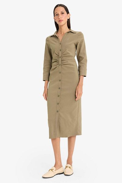 DeFacto Shirt Collar Basic Plain Button Closure Belil Shirred Bengalin Half Sleeve Dress D4560Ax25Sp